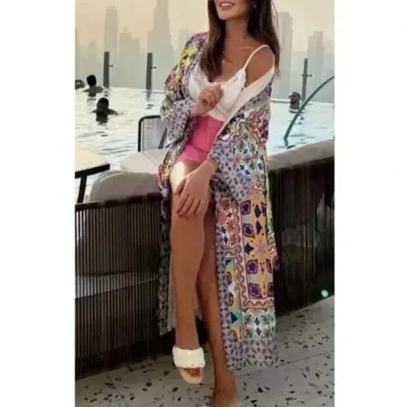 ZARA Printed  Belted Long Line‎ Open Front Kimono Robe Sz XS S M NEW! - Picture 14 of 16